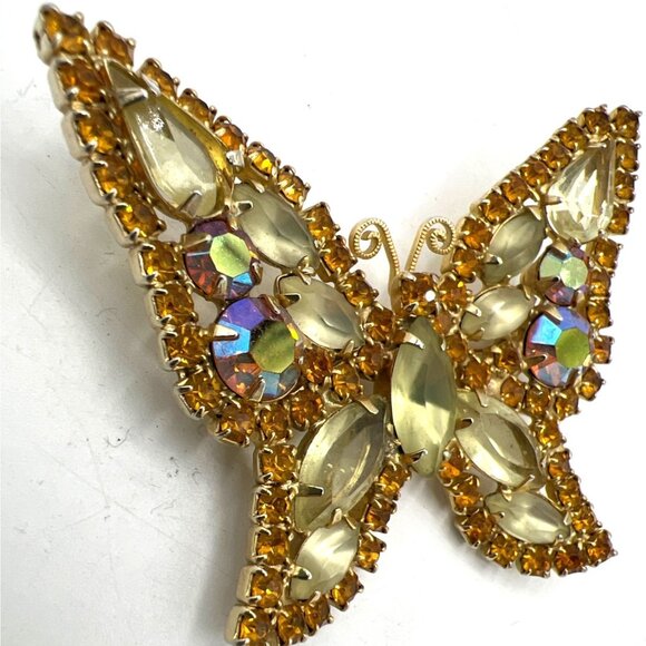 Weiss Signed Butterfly Brooch Aurora Borealis Citrine and Gold Colored Rhineston - Picture 2 of 11
